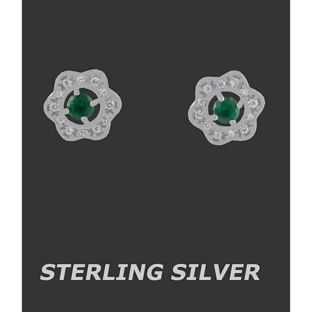 Lab Created Emerald & White Sapphire Stud Earring .925 Silver